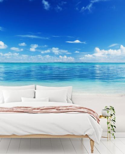 carta da parati da spiaggia personalizzabile blu e oro chiamata Sea and Sand per ufficio o camera da letto