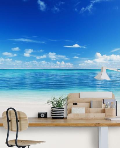 blue and gold customisable beach wallpaper called Sea and Sand for office or bedroom