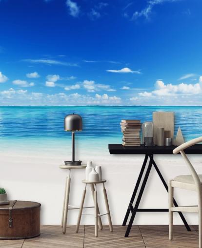 Personalisierbare Strandtapete in Blau und Gold namens Meer und Sand für Büro oder Schlafzimmer