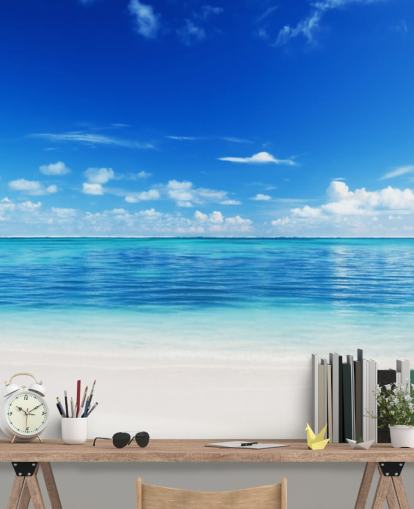 Personalisierbare Strandtapete in Blau und Gold namens Meer und Sand für Büro oder Schlafzimmer