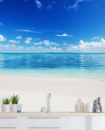 papel de parede de praia personalizável azul e dourado chamado Sea and Sand para escritório ou quarto papel de parede de praia personalizável azul e dourado chamado Sea and Sand para escritório ou quarto