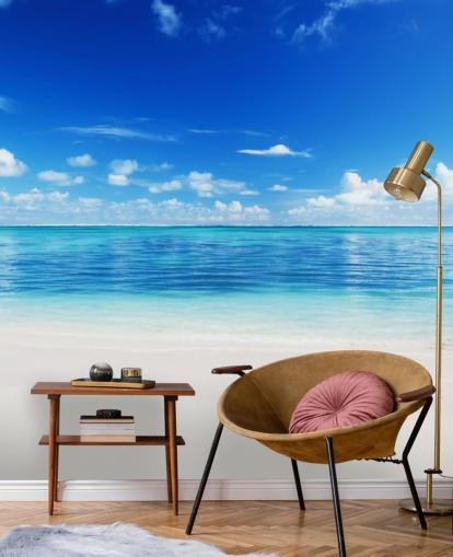 papier peint de plage personnalisable bleu et or appelé Sea and Sand pour bureau ou chambre