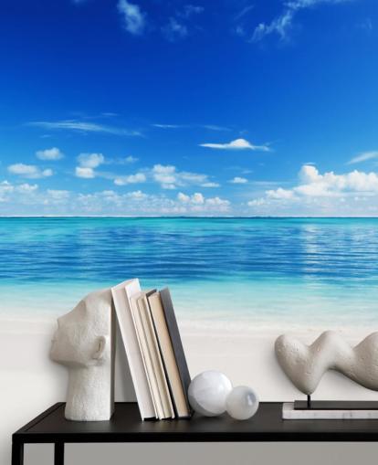 papel de parede de praia personalizável azul e dourado chamado Sea and Sand para escritório ou quarto