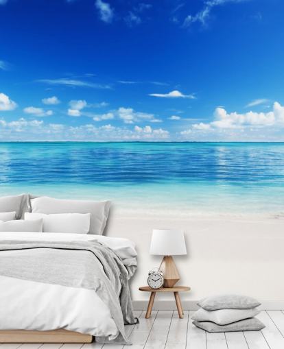 carta da parati da spiaggia personalizzabile blu e oro chiamata Sea and Sand per ufficio o camera da letto