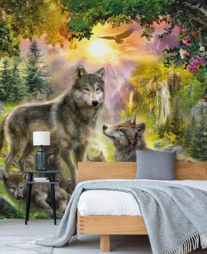 illustrated wolf pack in sunset scenery wallpaper illustrated wolf pack in sunset scenery wallpaper
