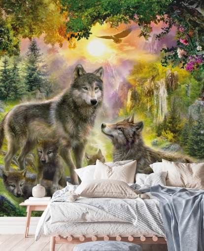 paquete de lobos ilustrado en fondo de pantalla de paisaje