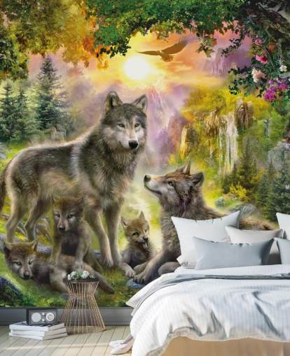 illustrated wolf pack in sunset scenery wallpaper