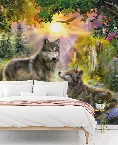illustrated wolf pack in sunset scenery wallpaper illustrated wolf pack in sunset scenery wallpaper