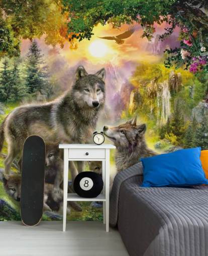 illustreret ulv pack i solnedgang sceneri tapet illustreret ulv pack i solnedgang sceneri tapet