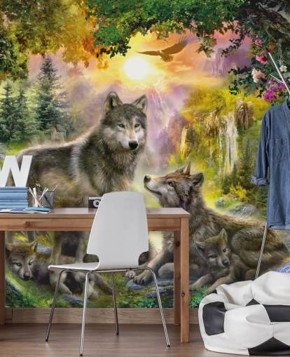 paquete de lobos ilustrado en fondo de pantalla de paisaje