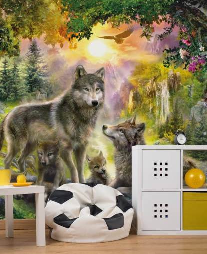 illustrierte Wolfsrudel im Sonnenuntergang Landschaft Tapete illustrierte Wolfsrudel im Sonnenuntergang Landschaft Tapete