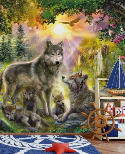 illustrierte Wolfsrudel im Sonnenuntergang Landschaft Tapete