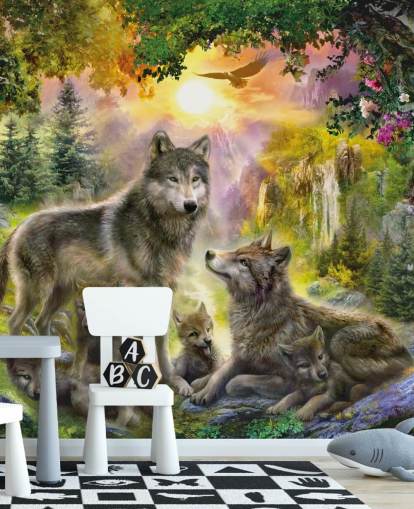 illustrierte Wolfsrudel im Sonnenuntergang Landschaft Tapete