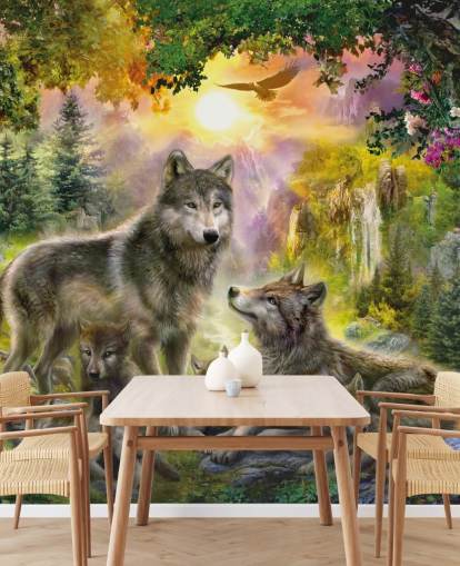 illustrierte Wolfsrudel im Sonnenuntergang Landschaft Tapete