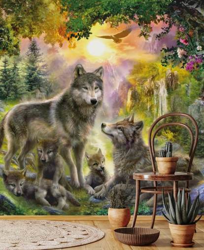 paquete de lobos ilustrado en fondo de pantalla de paisaje