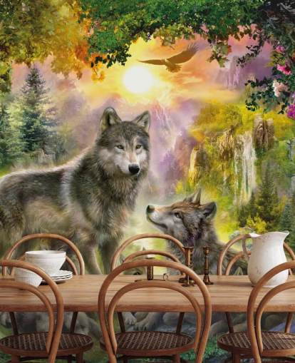 illustrated wolf pack in sunset scenery wallpaper