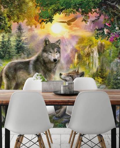 illustrated wolf pack in sunset scenery wallpaper