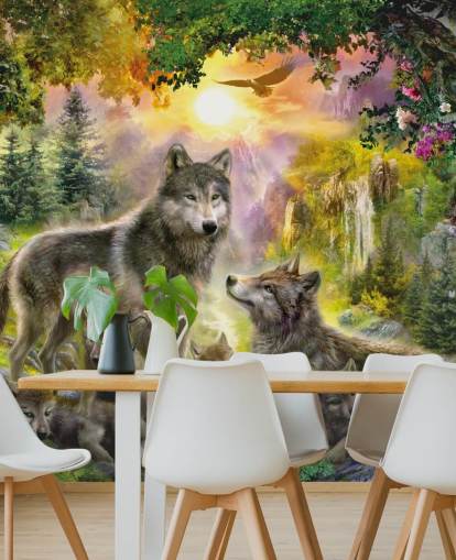 illustrated wolf pack in sunset scenery wallpaper