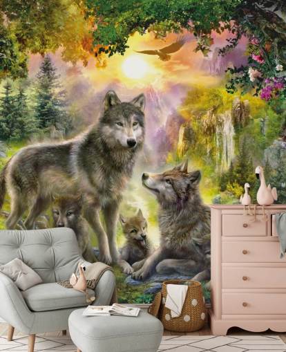 illustrated wolf pack in sunset scenery wallpaper illustrated wolf pack in sunset scenery wallpaper