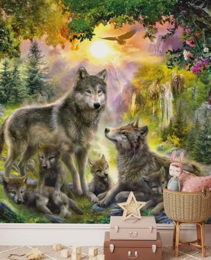 illustrierte Wolfsrudel im Sonnenuntergang Landschaft Tapete illustrierte Wolfsrudel im Sonnenuntergang Landschaft Tapete