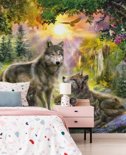 illustrated wolf pack in sunset scenery wallpaper