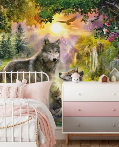 pacote de lobo ilustrado no cenário do pôr do sol pacote de lobo ilustrado no cenário do pôr do sol