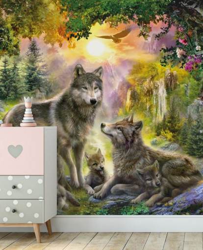 pacote de lobo ilustrado no cenário do pôr do sol pacote de lobo ilustrado no cenário do pôr do sol