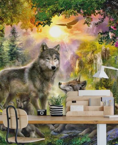 illustrated wolf pack in sunset scenery wallpaper