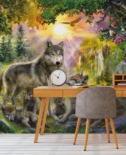 paquete de lobos ilustrado en fondo de pantalla de paisaje