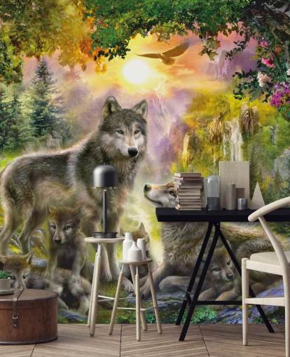 illustrated wolf pack in sunset scenery wallpaper