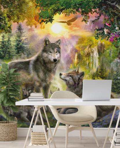 paquete de lobos ilustrado en fondo de pantalla de paisaje paquete de lobos ilustrado en fondo de pantalla de paisaje