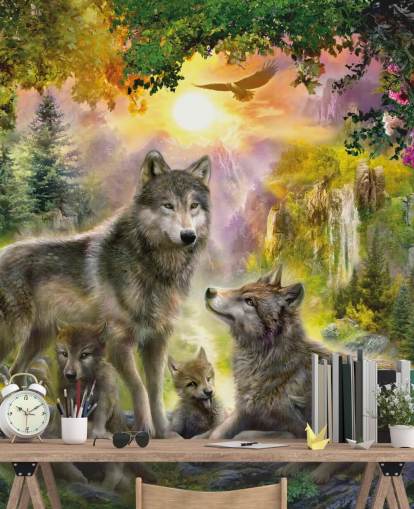 illustreret ulv pack i solnedgang sceneri tapet illustreret ulv pack i solnedgang sceneri tapet
