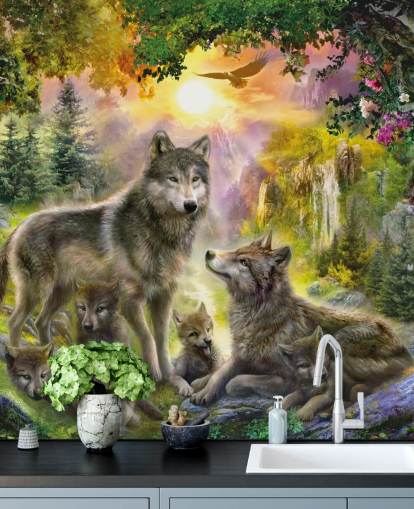 illustrated wolf pack in sunset scenery wallpaper illustrated wolf pack in sunset scenery wallpaper
