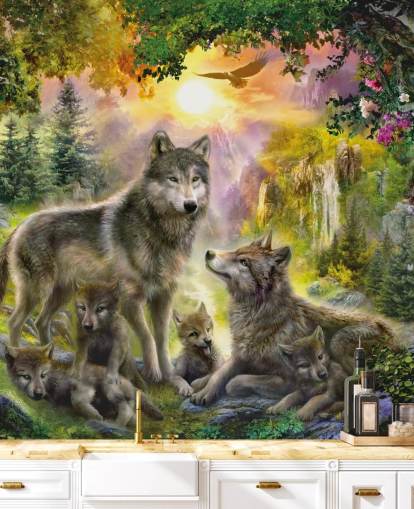 illustrierte Wolfsrudel im Sonnenuntergang Landschaft Tapete