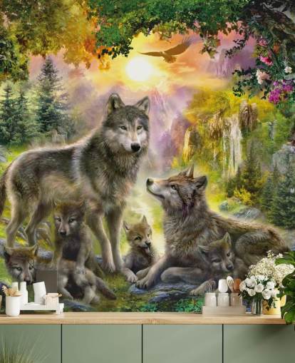 pack de loups illustrés dans le fond d'écran