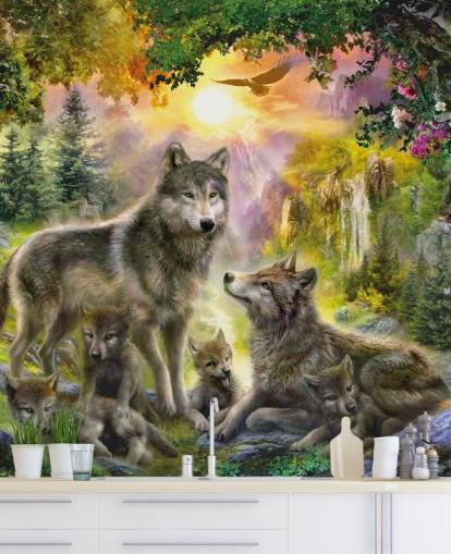 illustrated wolf pack in sunset scenery wallpaper illustrated wolf pack in sunset scenery wallpaper