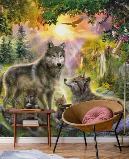 paquete de lobos ilustrado en fondo de pantalla de paisaje