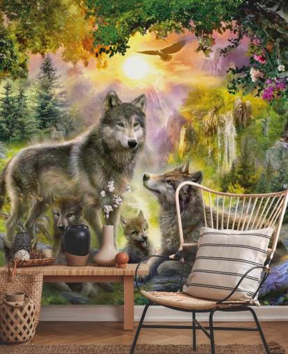 illustrierte Wolfsrudel im Sonnenuntergang Landschaft Tapete illustrierte Wolfsrudel im Sonnenuntergang Landschaft Tapete
