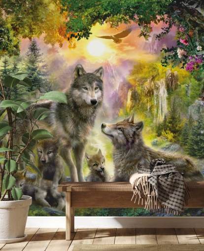 illustrierte Wolfsrudel im Sonnenuntergang Landschaft Tapete illustrierte Wolfsrudel im Sonnenuntergang Landschaft Tapete