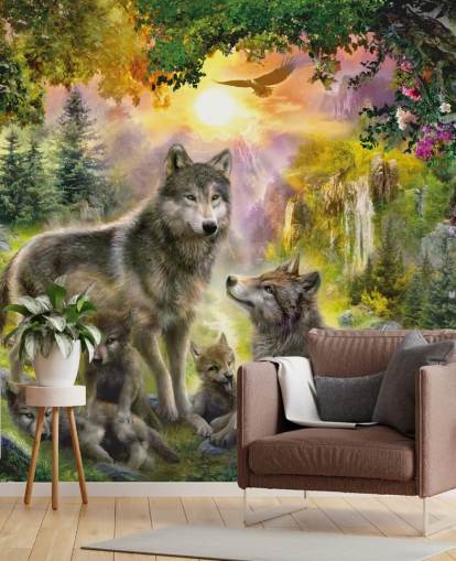 illustrated wolf pack in sunset scenery wallpaper