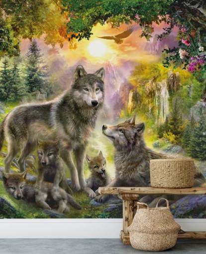 illustrated wolf pack in sunset scenery wallpaper