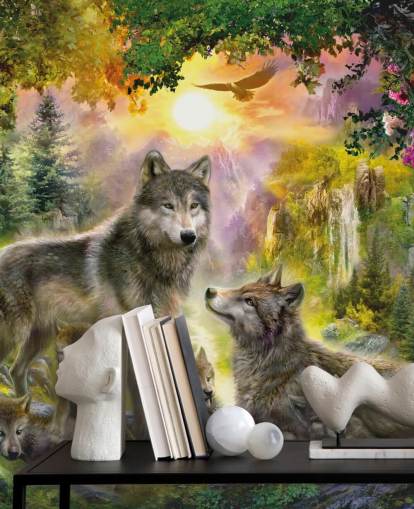 illustrated wolf pack in sunset scenery wallpaper