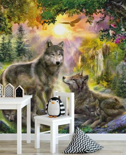 illustrated wolf pack in sunset scenery wallpaper illustrated wolf pack in sunset scenery wallpaper