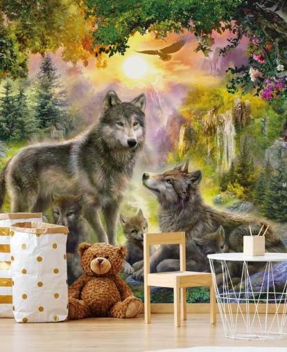 illustrated wolf pack in sunset scenery wallpaper illustrated wolf pack in sunset scenery wallpaper