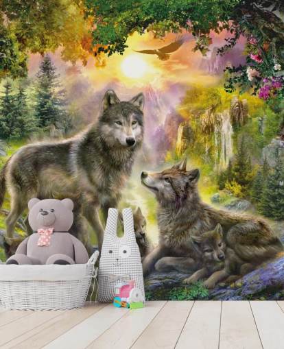 illustrated wolf pack in sunset scenery wallpaper
