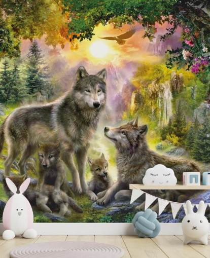 paquete de lobos ilustrado en fondo de pantalla de paisaje