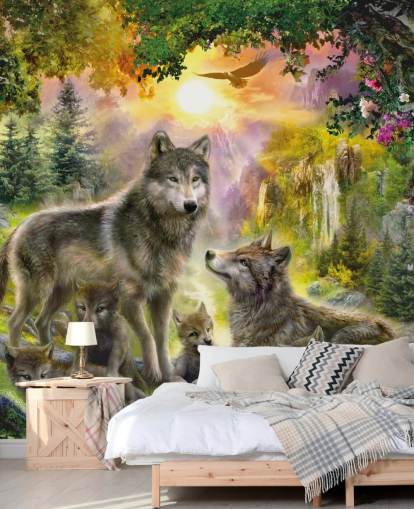 pacote de lobo ilustrado no cenário do pôr do sol