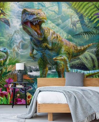 t-rex och andra djur i exotiska skogen tapeter t-rex och andra djur i exotiska skogen tapeter