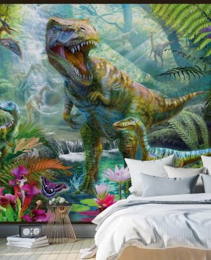t-rex e outros animais em papel de parede de floresta exótica