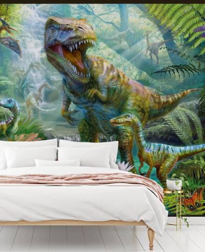 t-rex and other animals in exotic forest wallpaper
